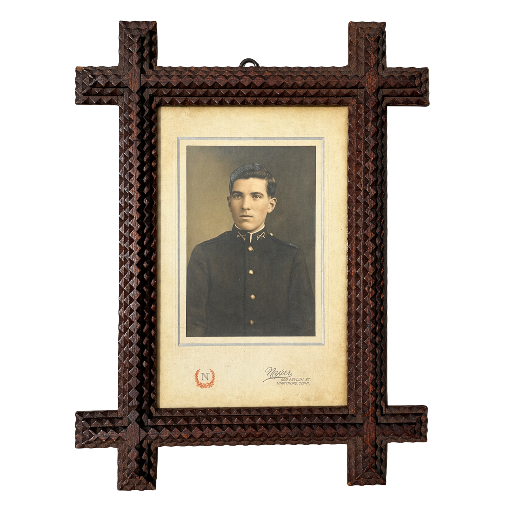 Vintage Tramp Art Hand-Carved Wood Frame w/ Antique Portrait