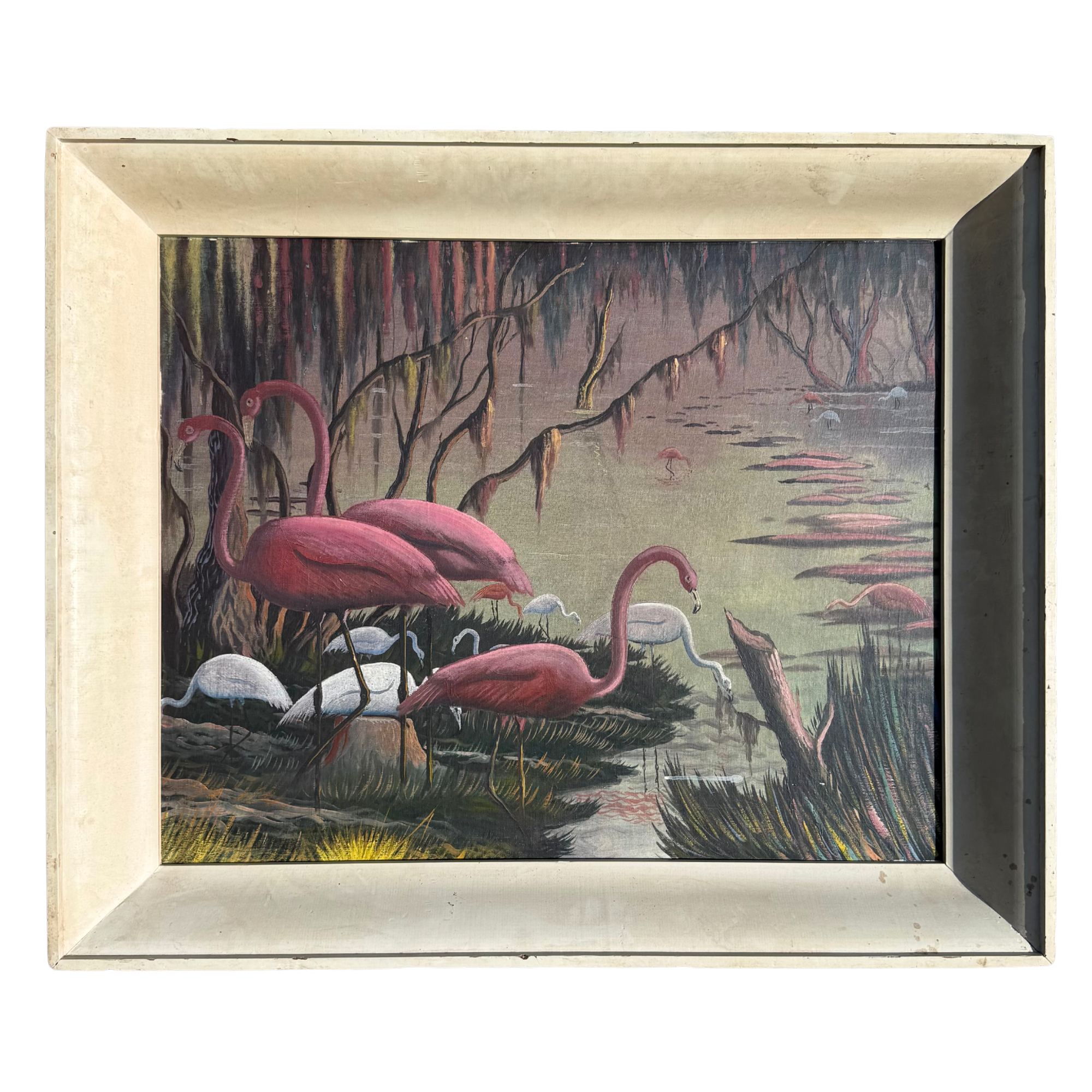 Vintage Old Florida Flamingo Marsh Painting
