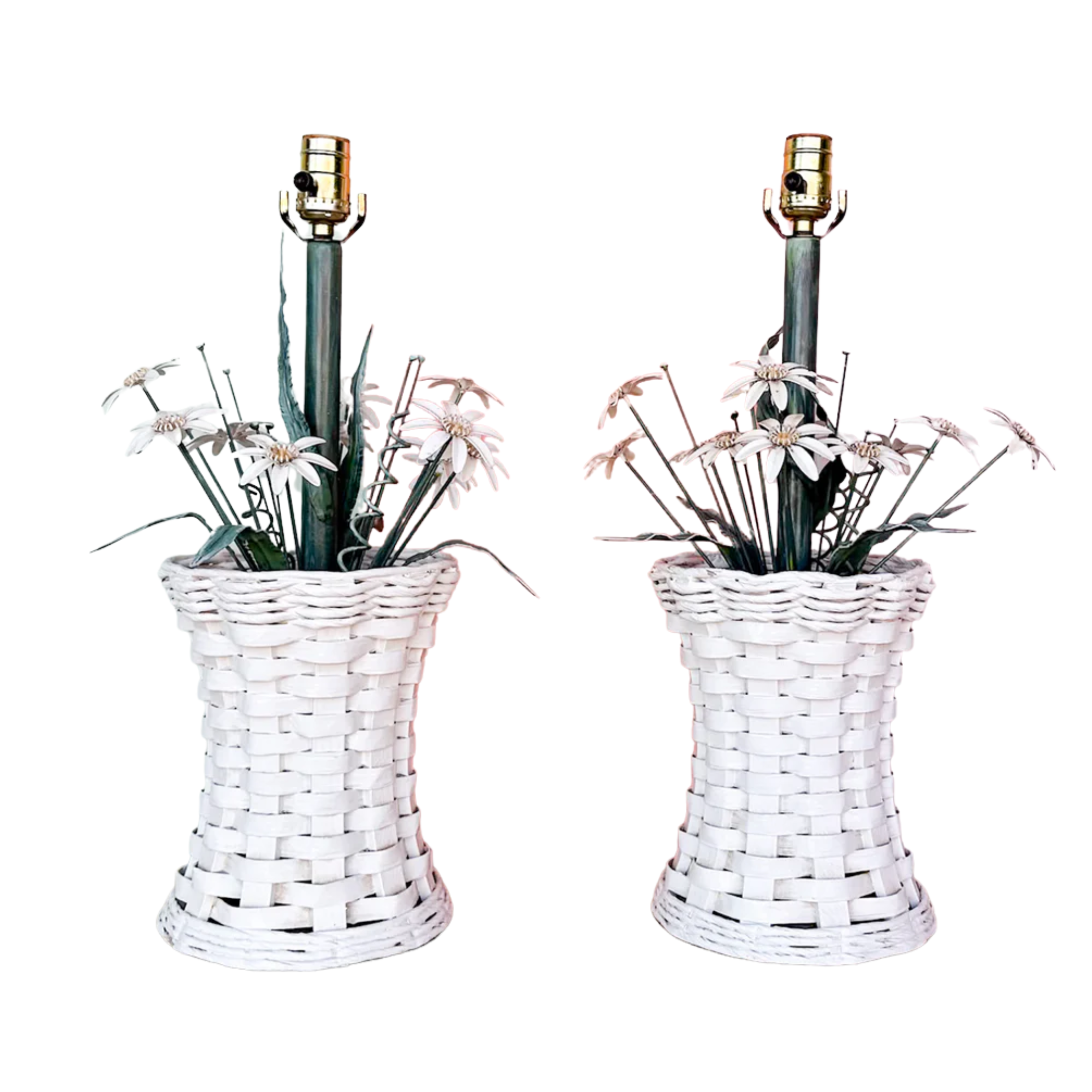 Vintage White Tole Basket Lamps - A Pair
