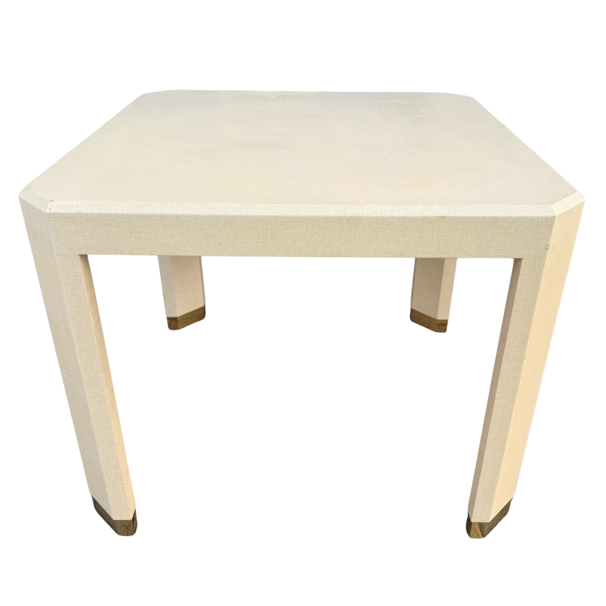Vintage Grasscloth Parsons Game Table with Brass Feet