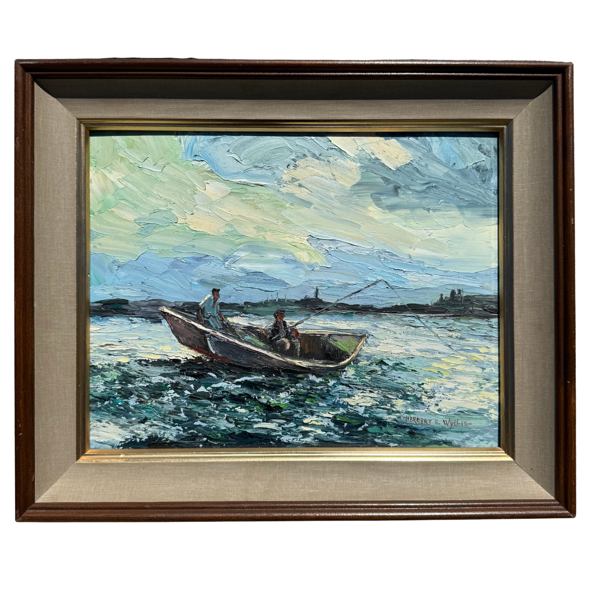 Vintage Original Fishermen Harbor Scene Oil Painting 