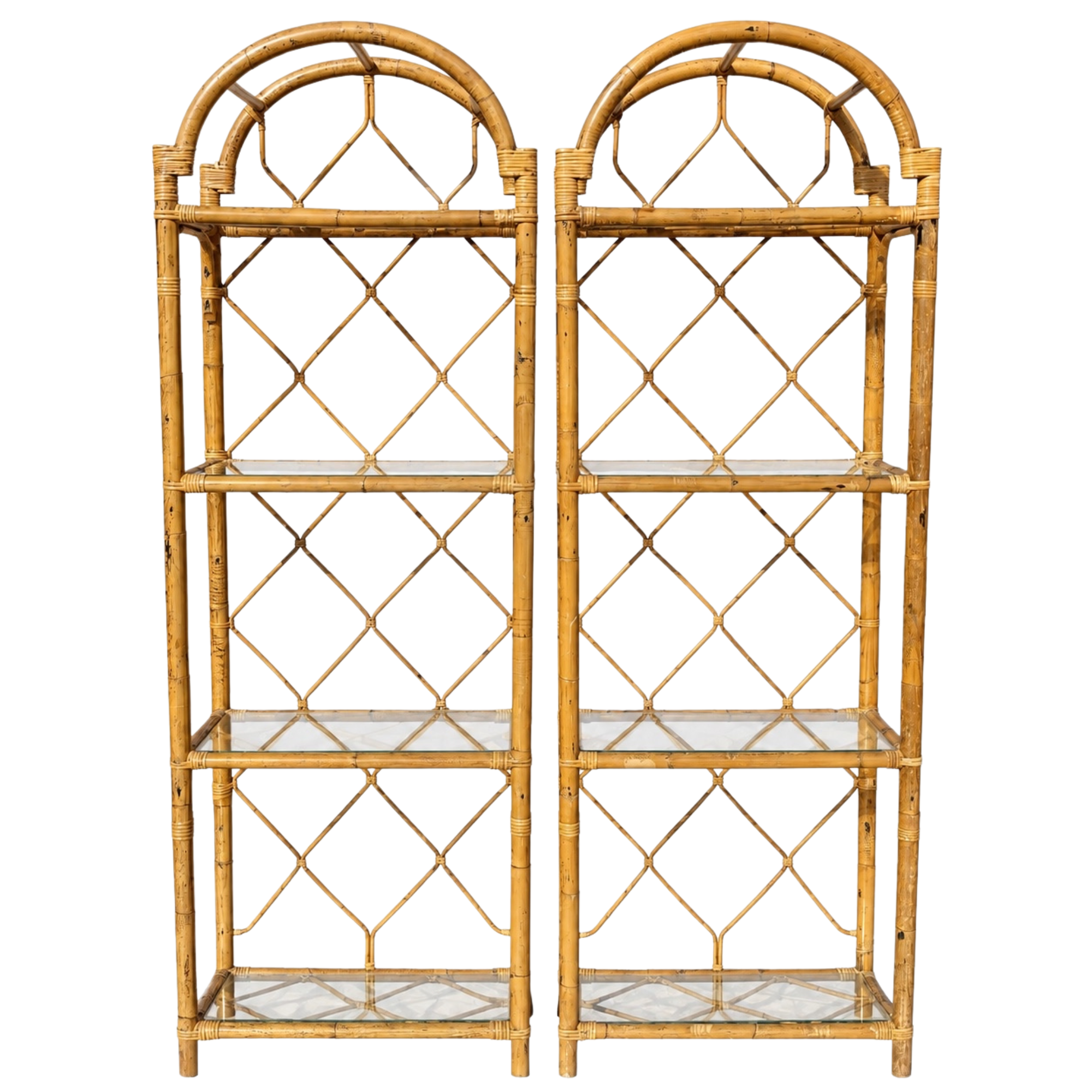 Vintage Arched Rattan Lattice Etageres – A Pair
