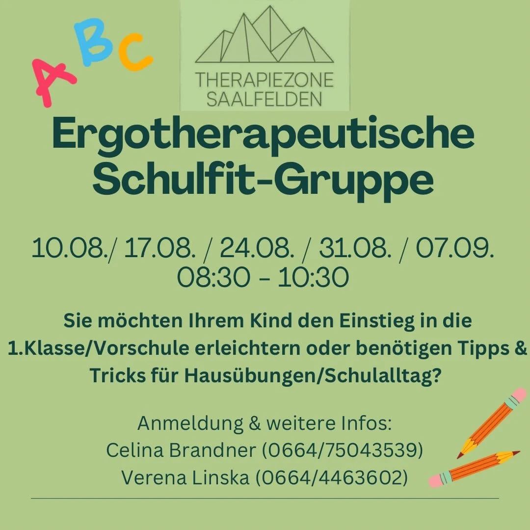 🎒✨ Schulfit in den Sommerferien ✨🎒

In den letzten 5 Wochen der Sommerferien bereiten wir Kinder spielerisch auf den Schulstart vor 🌈✏️
In unserer ergotherapeutischen Schulfitgruppe f&ouml;rdern wir:

🖍 Fein- &amp; Graphomotorik
🧠 Konzentration 