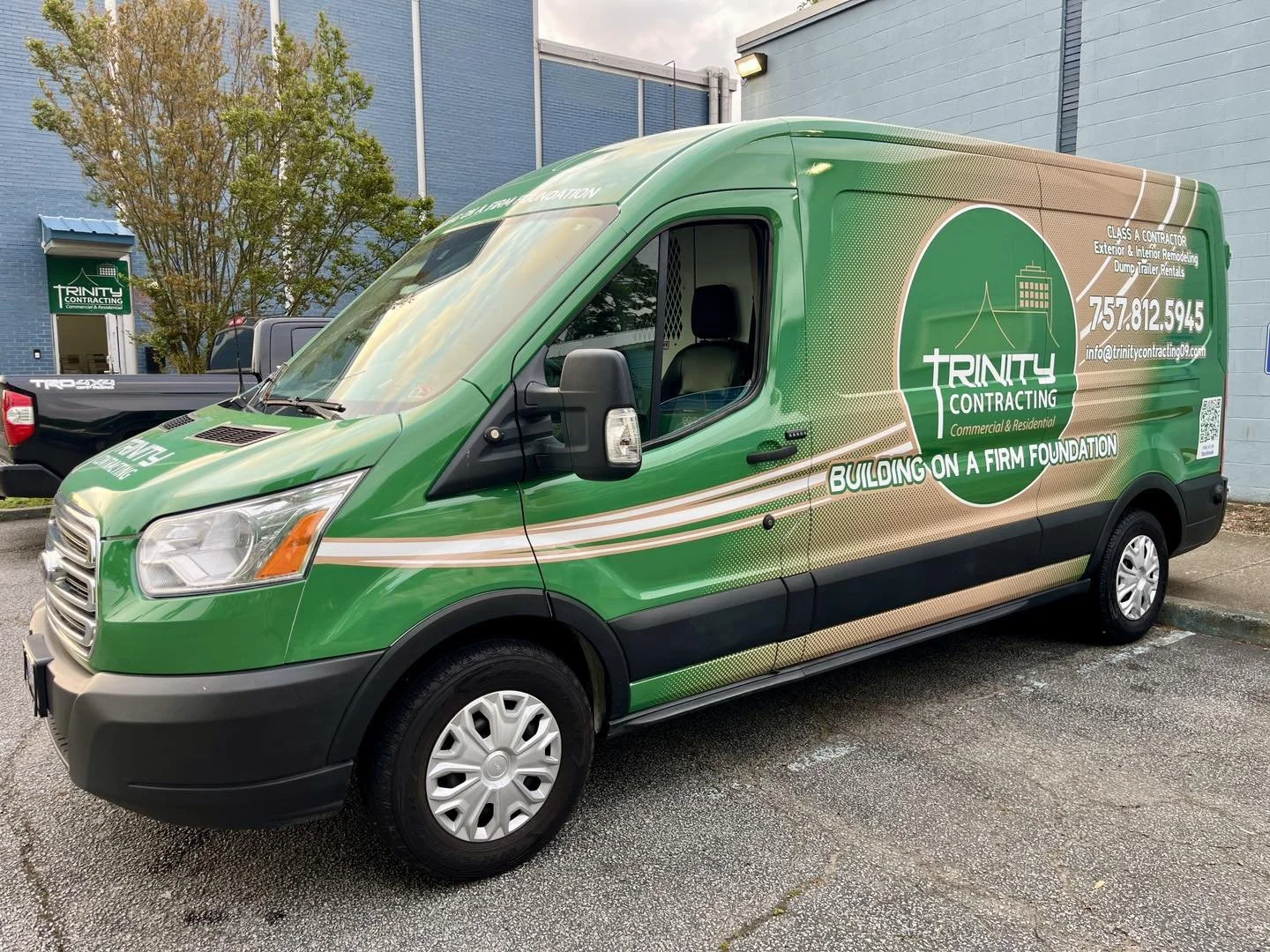 This is an image of one of our fleet vans. It can carry all sorts of material including: wood, tile, drywall, paint, pool pumps, pool cleaning supplies, tools, ladders, plumbing equipment, pipes, concrete, etc. It is featured in front of our shop.