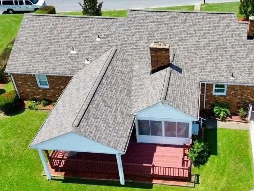A new roof that includes roof repair, roof patching, new OSB and plywood, new framing, new shingles, and new vents done by Class A contractors local to Portsmouth Virginia and the Hampton Roads area.