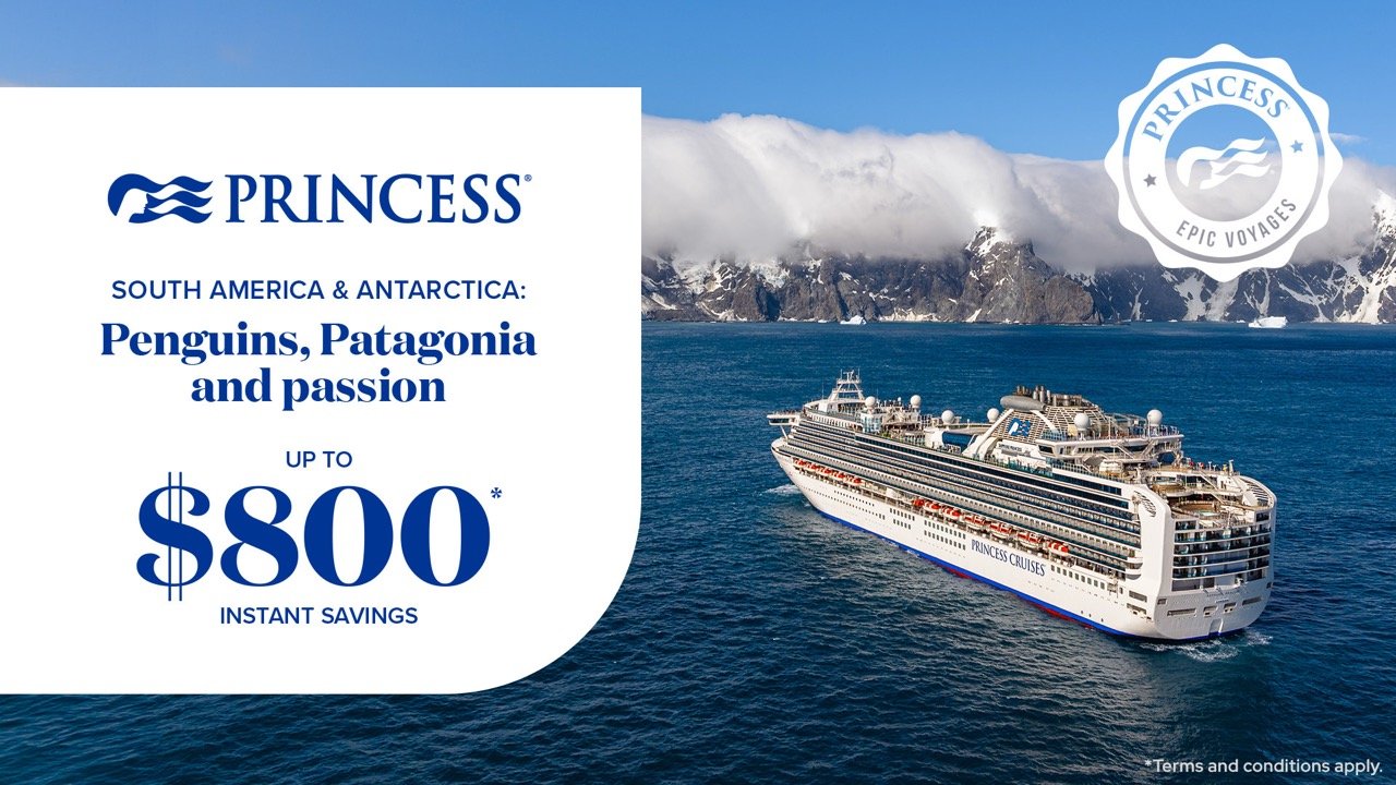 WABU Creative Case Study. Princess Cruises sailing in icy Antarctic waters near a snow-capped mountain range, with promotional text about South America and Antarctica cruises. Directed by Scott David Martin, Pilot Chris Trantina