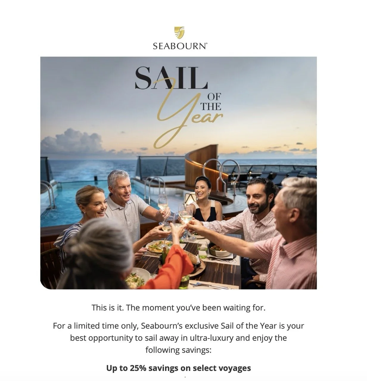 People enjoying a dinner and drinks on Seabourn Venture at sunset, with ocean and sky in the background. WABU Creative, Scott David Martin