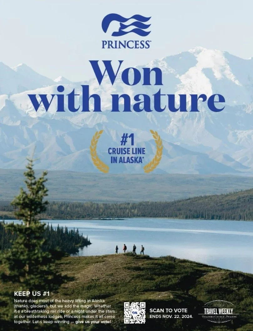 Alaska Cruise. Alaska landscape featuring snow-capped mountains, a lake, and a forest with four people standing near the water. Promotional poster for Princess Cruises highlighting Alaska as the #1 cruise line.