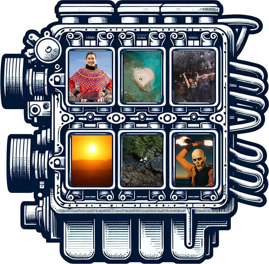 Illustration of a camera with six photo slots, showing various pictures including a woman smiling in colorful clothing, an aerial view of an island, people in the rain, a sunset, a sword in a river, and a person in a skeleton mask.