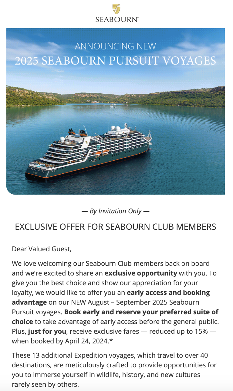 Kimberley Australia Cruise. A promotional flyer for Seabourn's 2025 Pursuit Voyages with a cruise ship on a body of water surrounded by green hills and a partly cloudy sky.