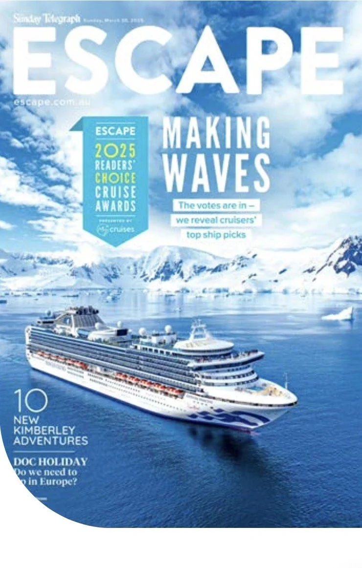 WABU Creative Case Study. Princess Cruises sailing through icy Antarctic waters surrounded by snow-covered mountains and glaciers with a partly cloudy sky.
