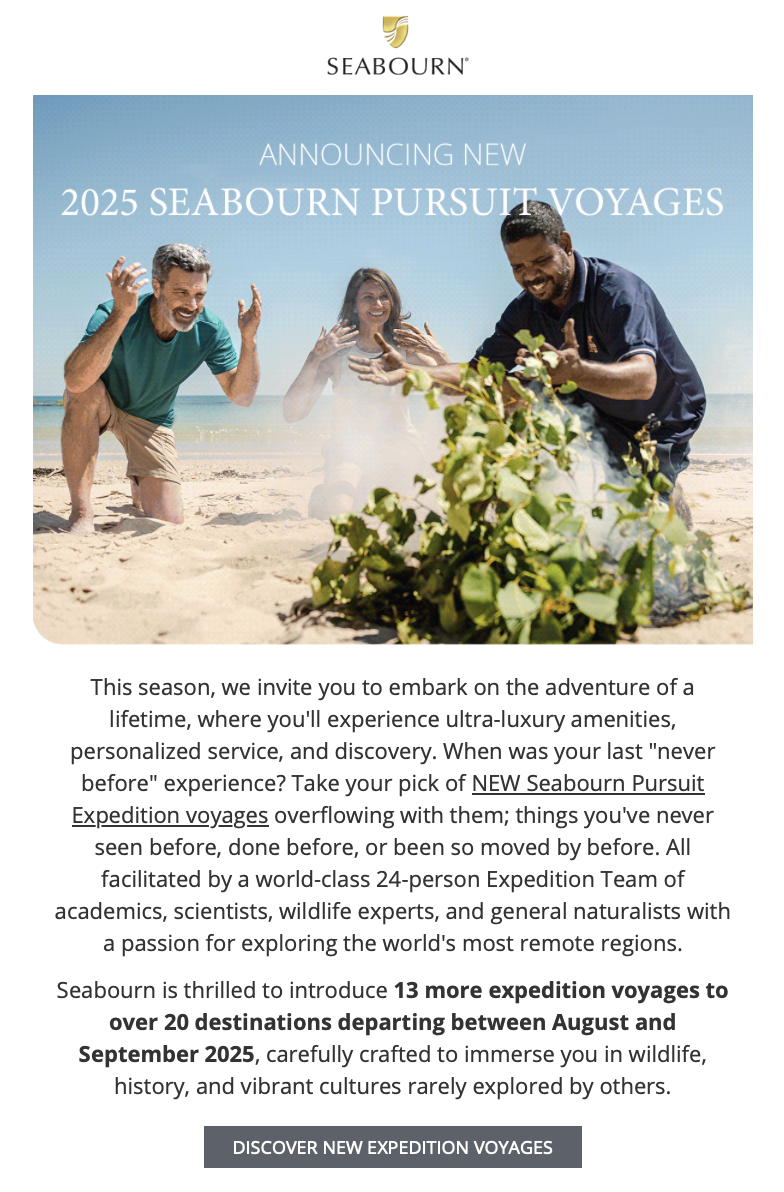 Kimberley Australia Cruise. Seabourn advertisement for 2025 expedition voyages showing three people on a beach discovering a plant, with a blue sky and ocean background.