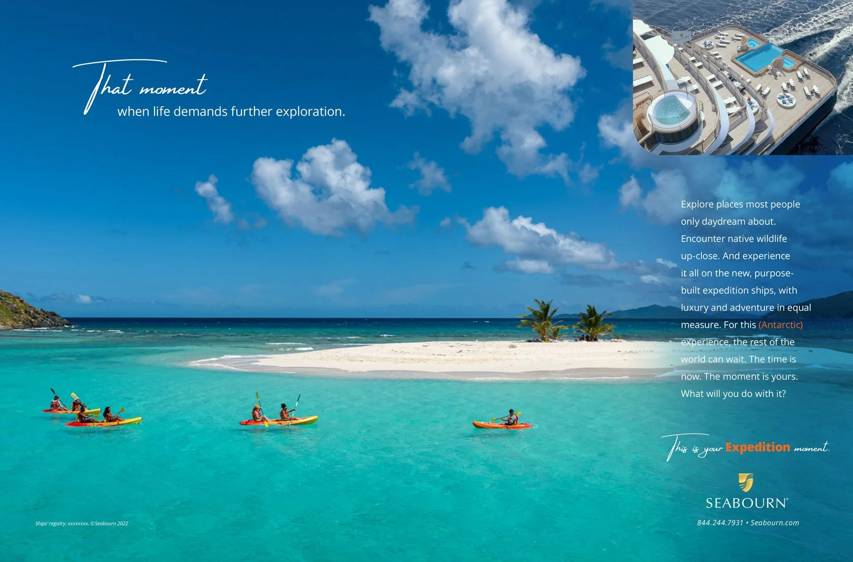 An advertisement for Seabourn cruises showing a tropical beach with turquoise water, white sand, and palm trees, with kayakers in the water and a cruise ship in the background.