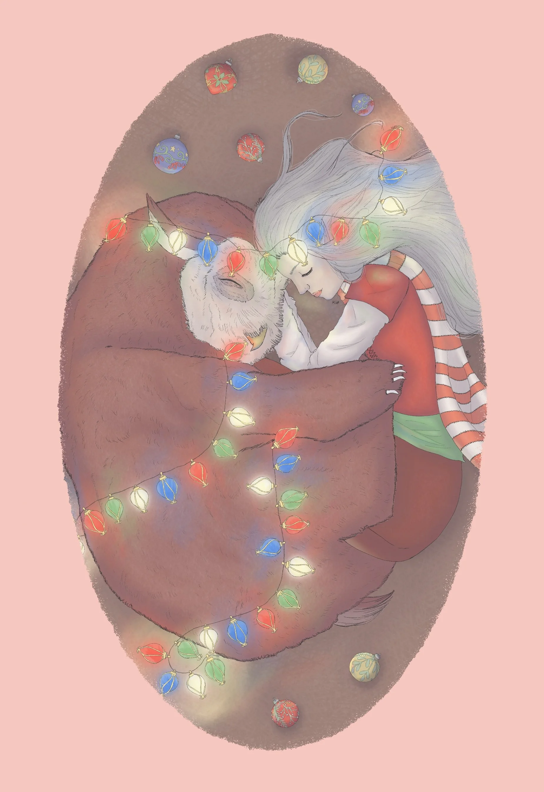 December, “ ‘twas the night before”. This illustration captures the cosy moment in which an elf cuddles her animal companion after decorating for Christmas. 