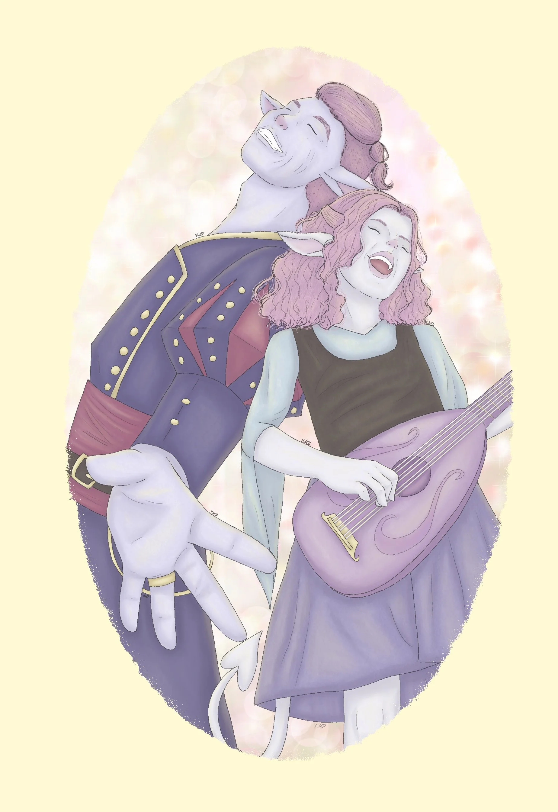 June, “Home”, an energetic illustration of my tabletop rpg character in her youth with her father, helping him with his current Bardic Show. 