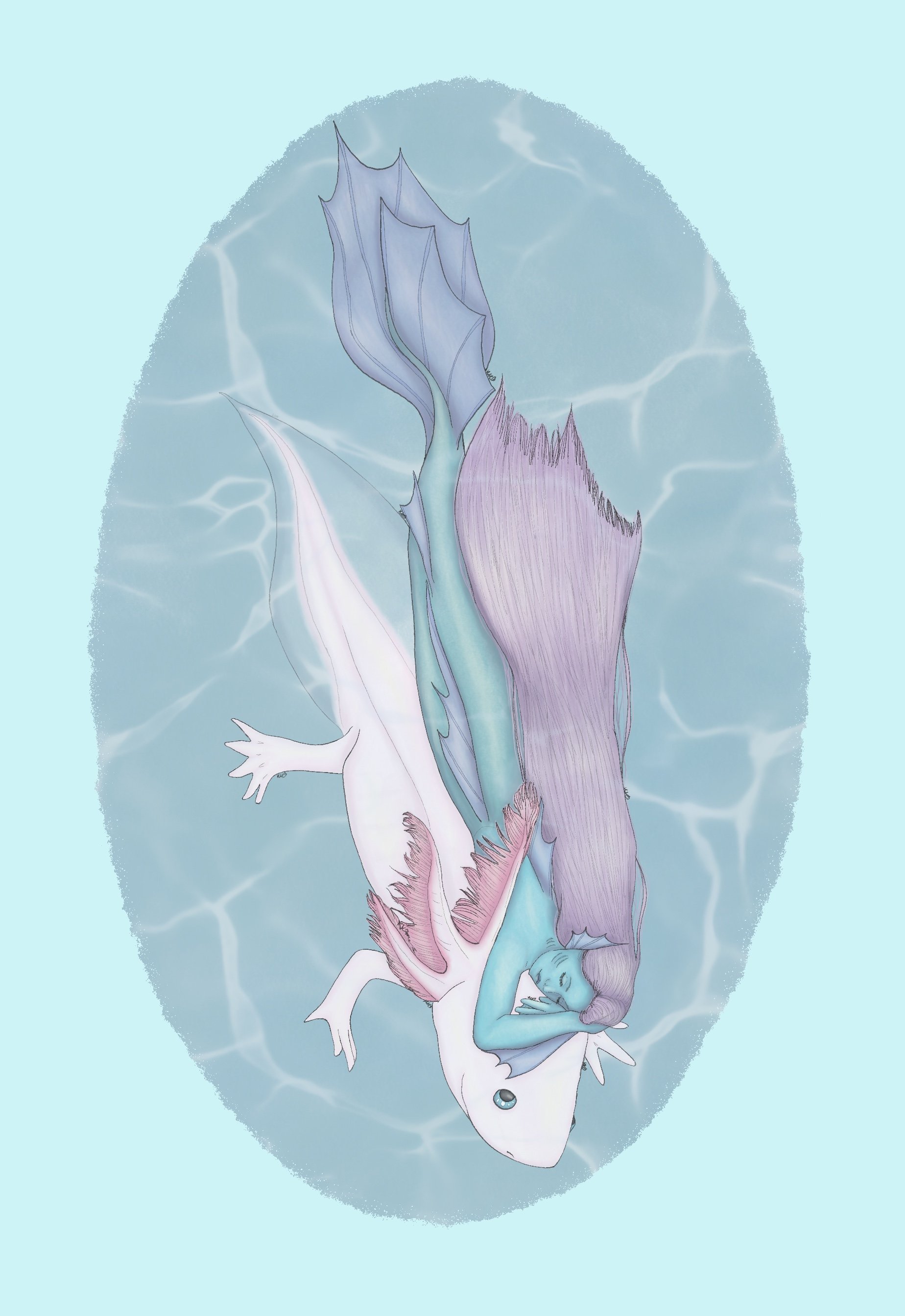 May, “Support”, a gentle illustration of a mermaid with her giant axolotl friend. 