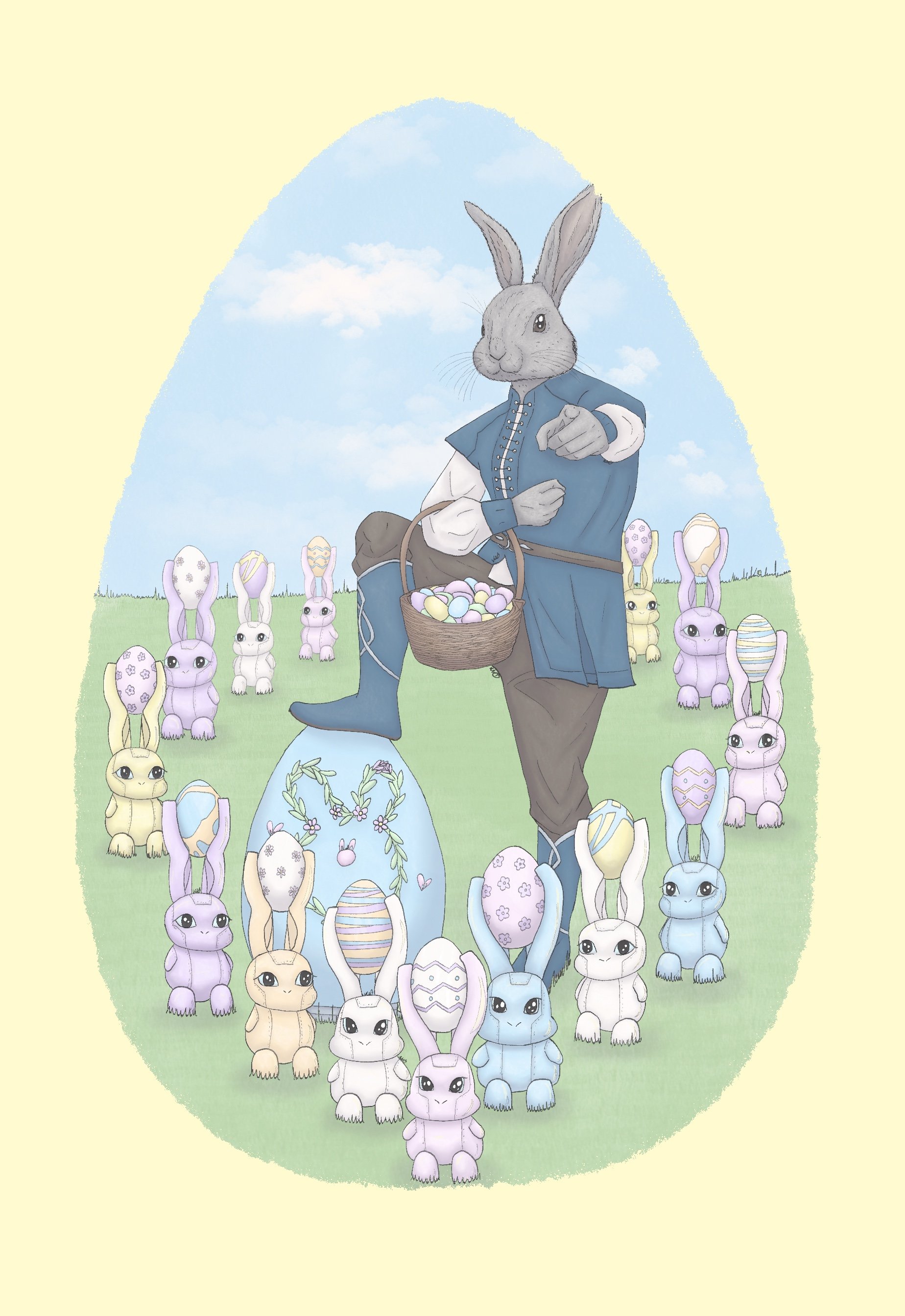 April, “Delivered To You”, an illustration depicting a Harengone (The Easter Bunny) directing his robot workers to deliver eggs. 