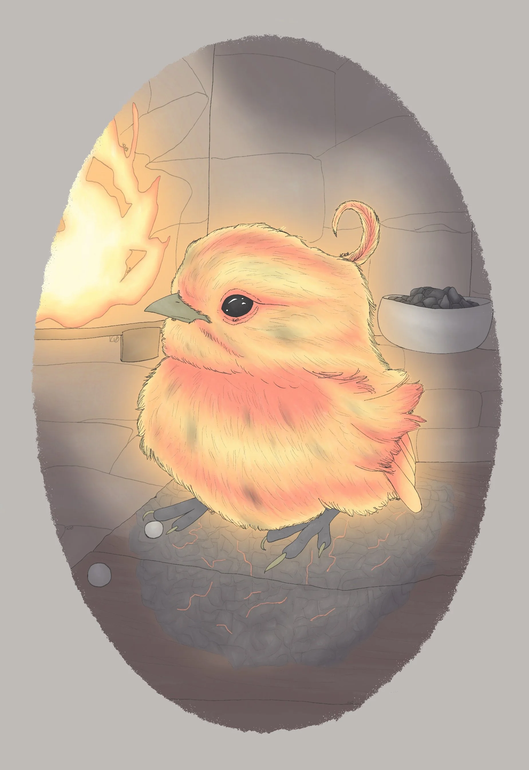 January, “Reborn” a cosy illustration depicting a freshly born phoenix within a tavern. 