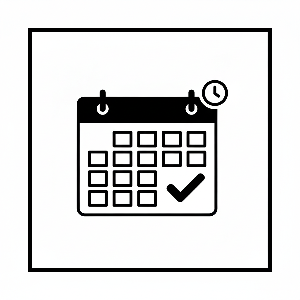A calendar icon with a clock in the top right corner and a check mark on the bottom right corner.