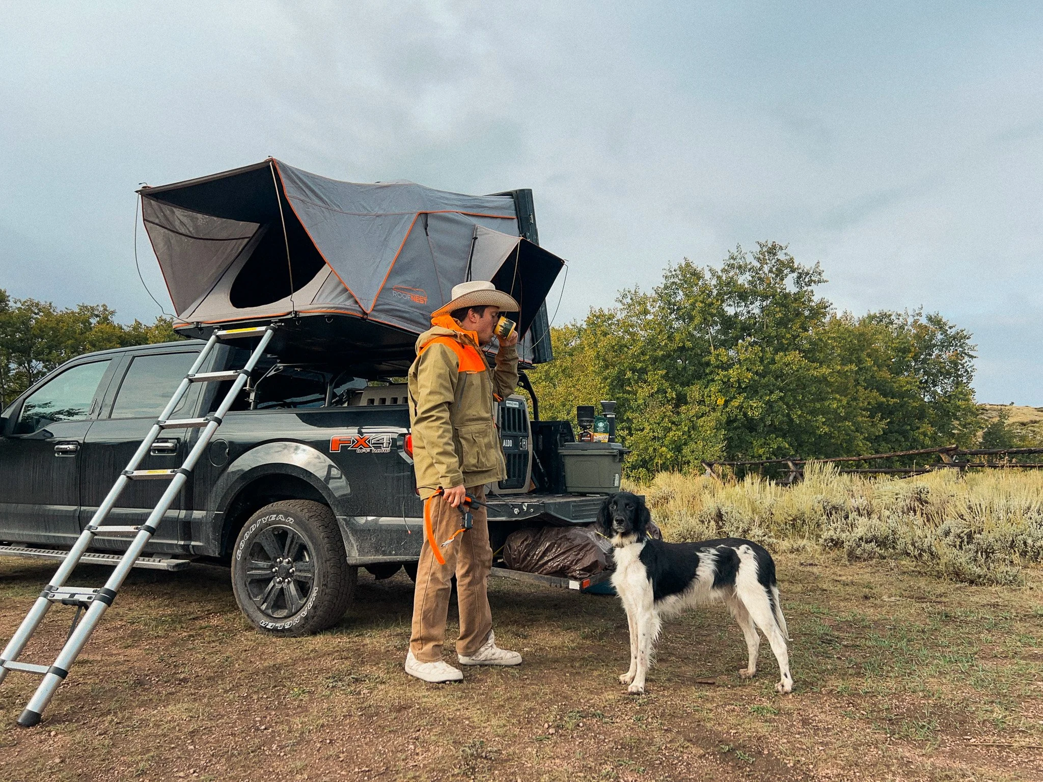 A person holding a cup and a dog standing outside a pickup truck with a rooftop tent, in a grassy field with trees in the background.