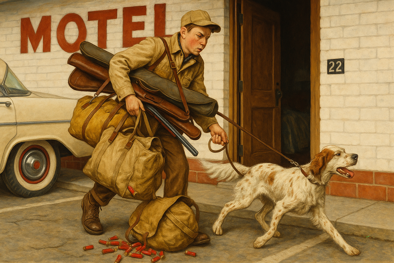 A man leaving a motel room holding hunting gear and a dog on a leash, with shotgun shells scattered on the ground.
