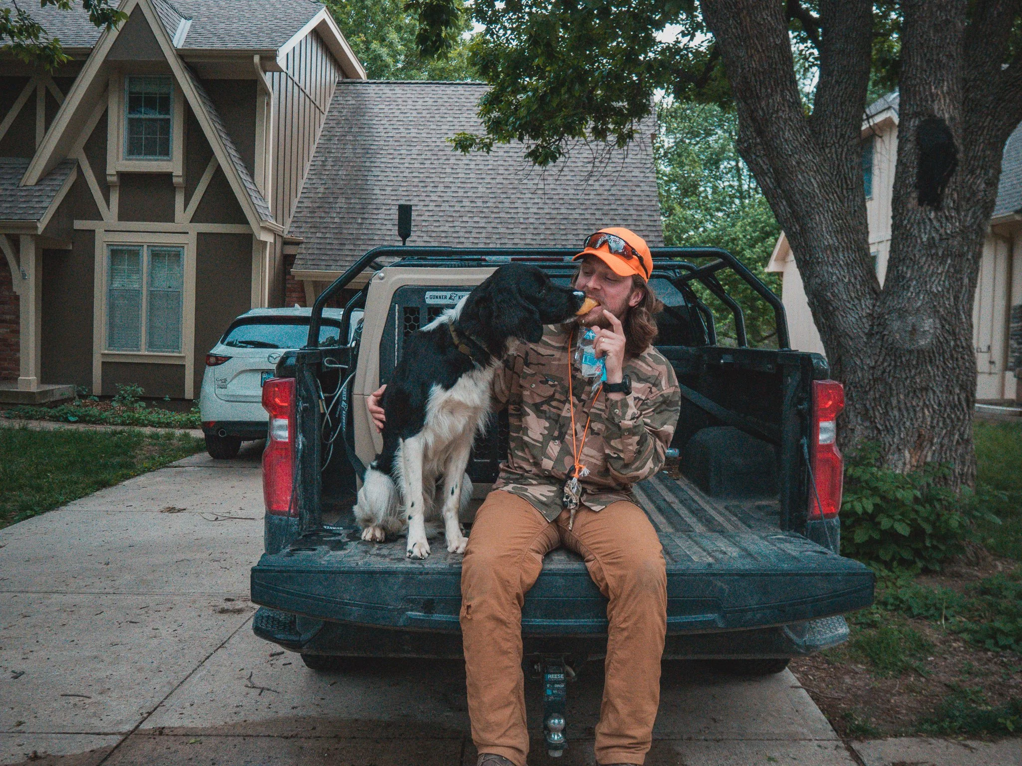 A man sitting on the open tailgate of a truck, feeding a black and white dog that is standing on the tailgate, with a house and trees in the background.