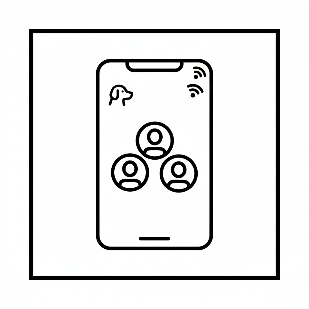 Line drawing of a smartphone with a dog icon at the top left and Wi-Fi signal icons at the top right. The screen displays three user icons arranged in a triangle.