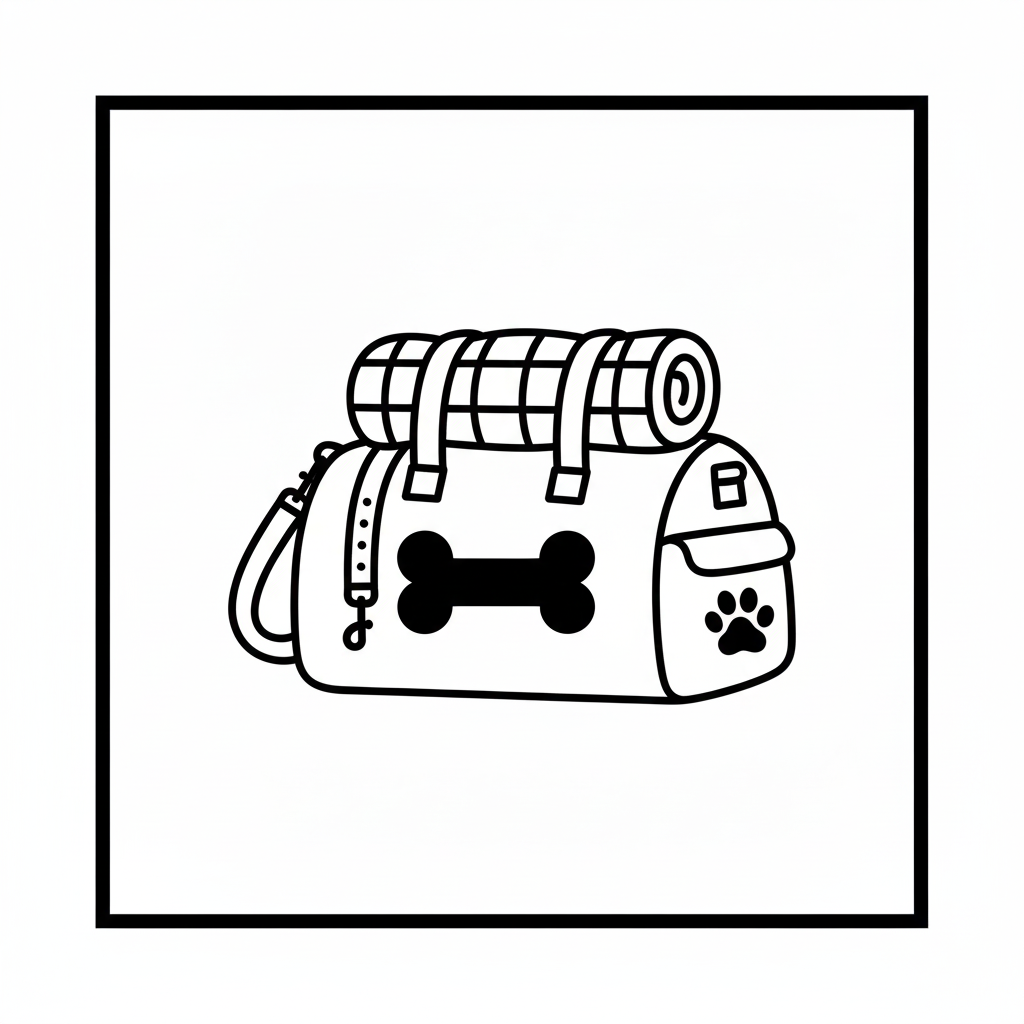 Line drawing of a pet travel bag with a bone and paw print design, a rolled-up blanket, and a leash.