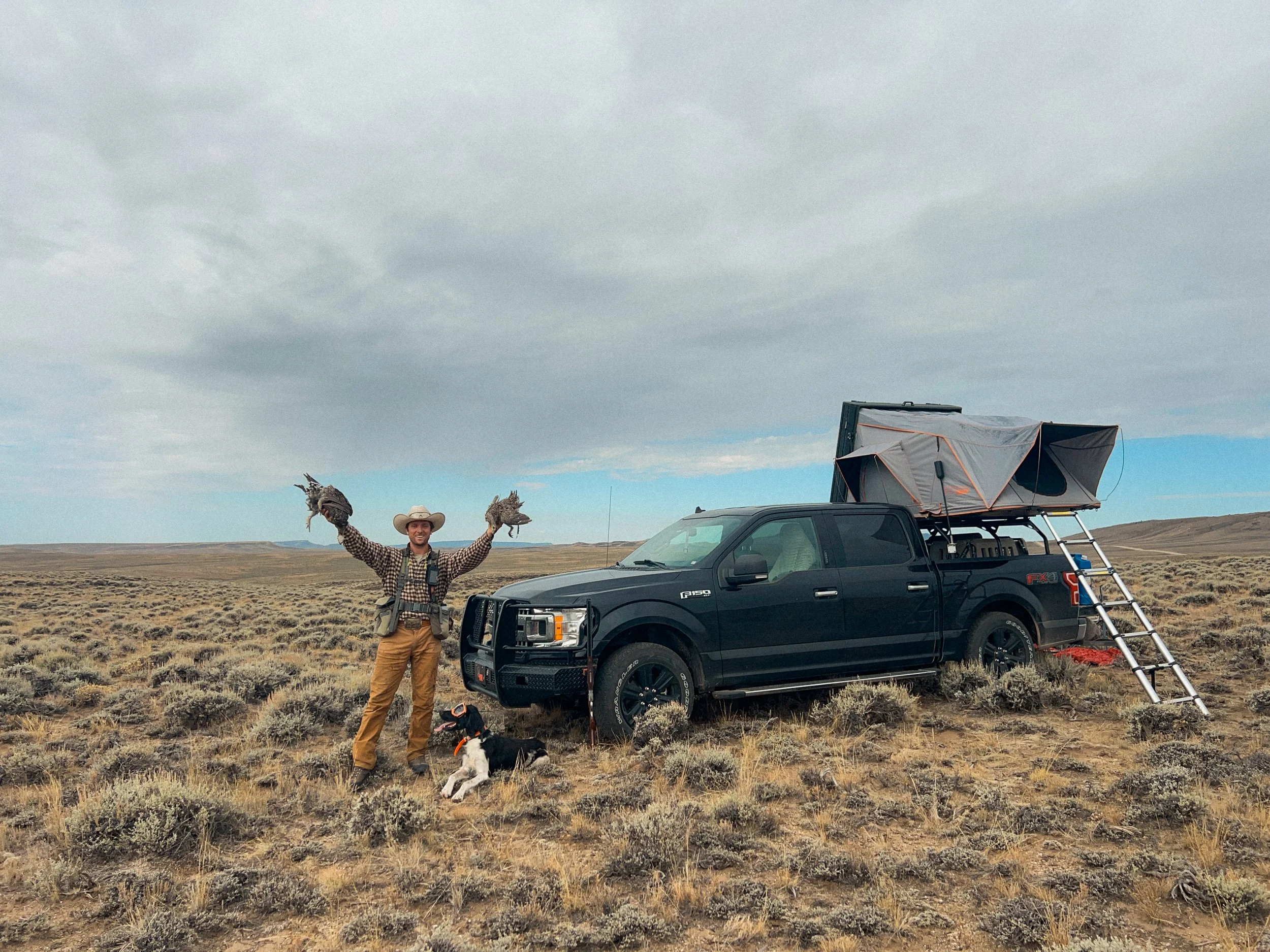 A man stands in an open field with two dogs, one sitting and one lying down, next to a black pickup truck with a rooftop tent, under a cloudy sky.
