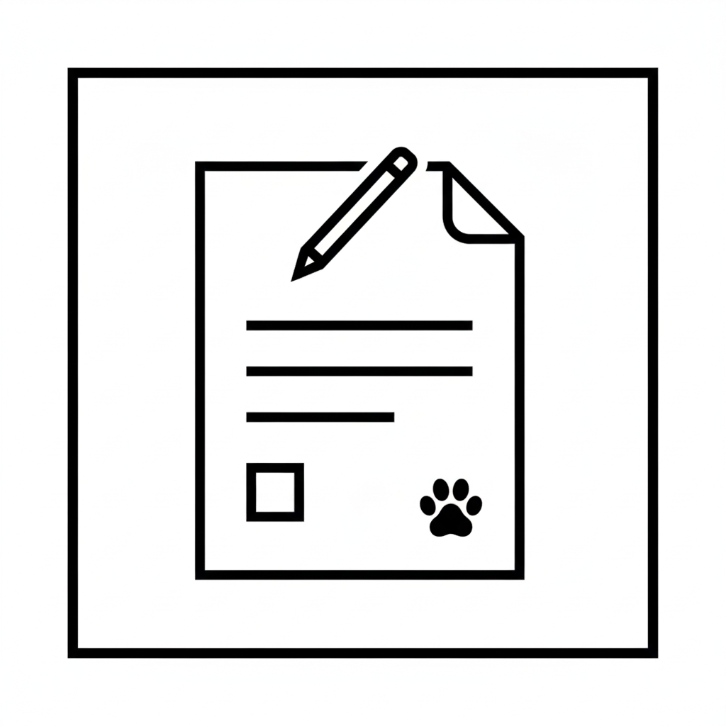 Icon of a form or document with a pencil, a checkbox, and a paw print.