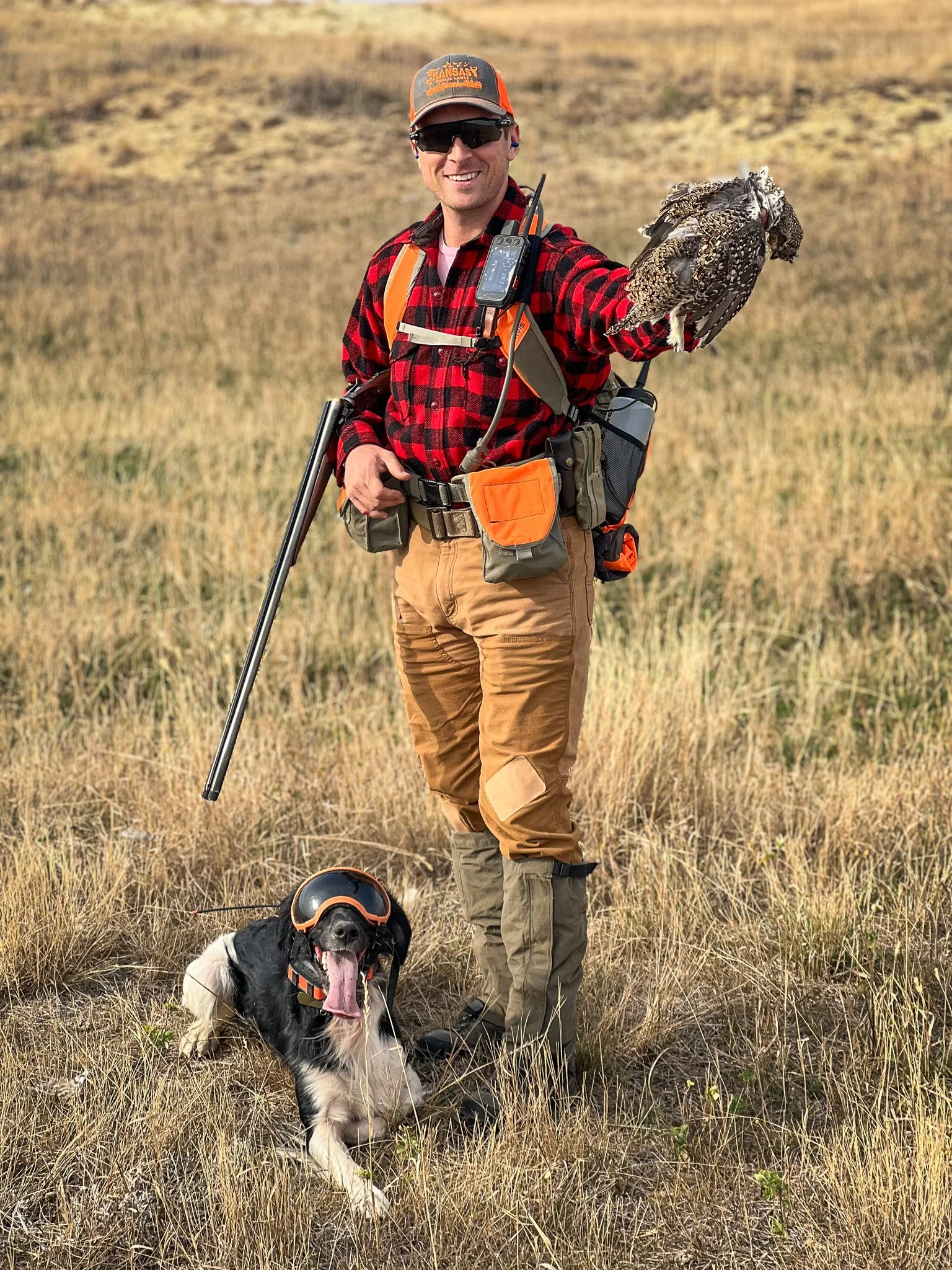 Ian Burrow with his versatile hunting dog, Aldo, a Large Munsterlander, with a CZ Sharptail SxS side by side shotgun and a Montana Sharp-tail grouse.