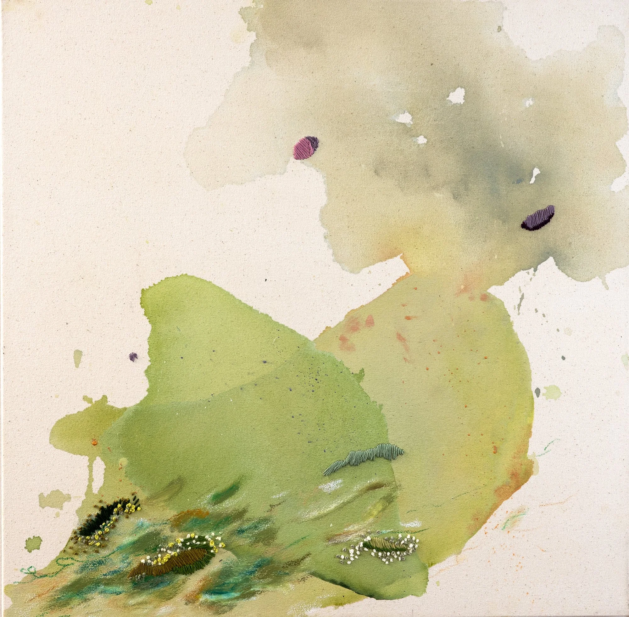Watercolor painting of a landscape with mountains in shades of green, beige, and pink, featuring embroidered patches of trees and grass at the bottom.
