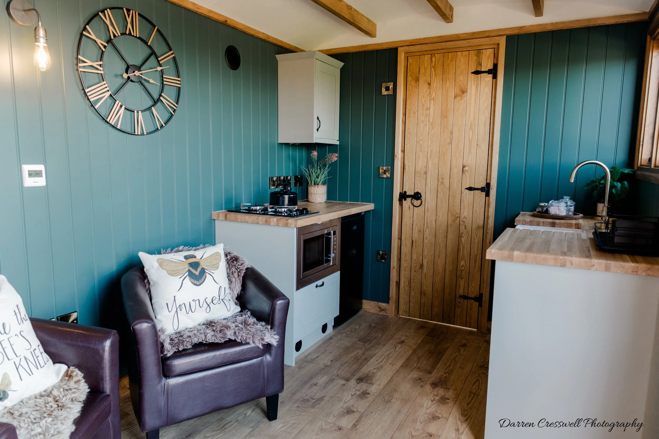 A small kitchen with teal paneled walls, a wooden door with black hinges, a wall clock with Roman numerals, a beige cabinet, a small stove, a microwave, a potted plant, a kitchen sink, and two chairs with pillows and fuzzy throws.