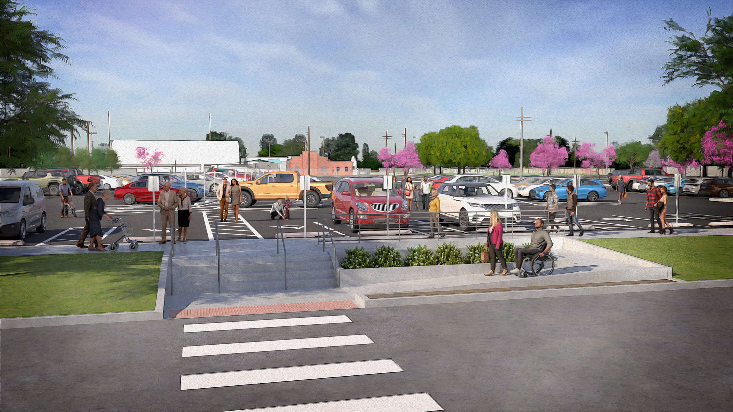 Street view of the newly added main crosswalk and ADA-accessible ramp. 