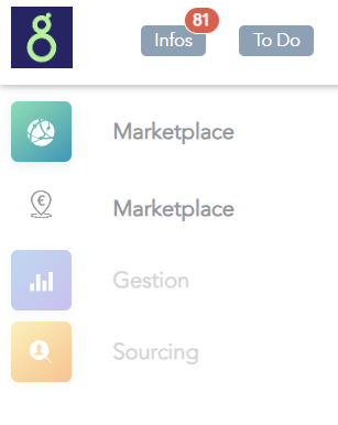 Capture d'écran d'une interface utilisateur avec des icônes pour "Marketplace", "Gestion" et "Sourcing". Il y a une notification avec le chiffre 81 sur la section "Infos" et un onglet "To Do" visible en haut.