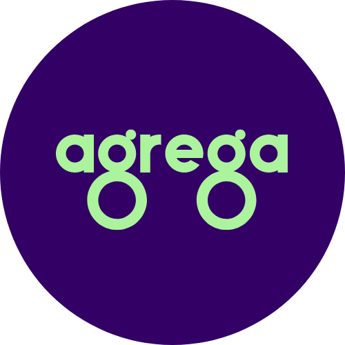 Logo avec le mot "agrega" en vert clair sur fond violet.