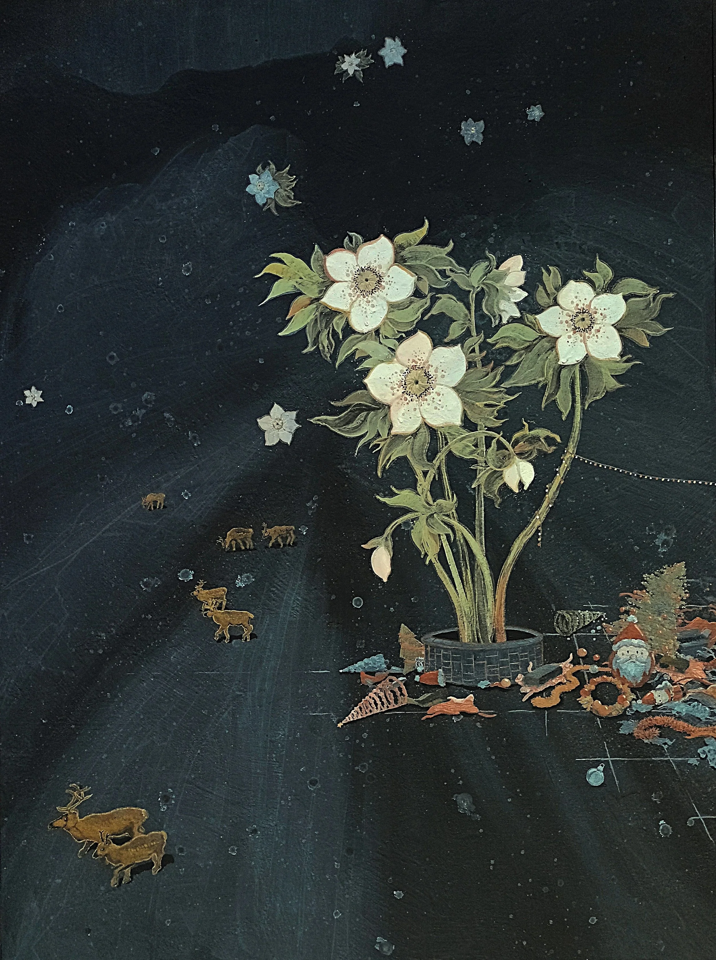 A la sombra del eléboro - gouache natural sobre tabla, 80 x 60 cm