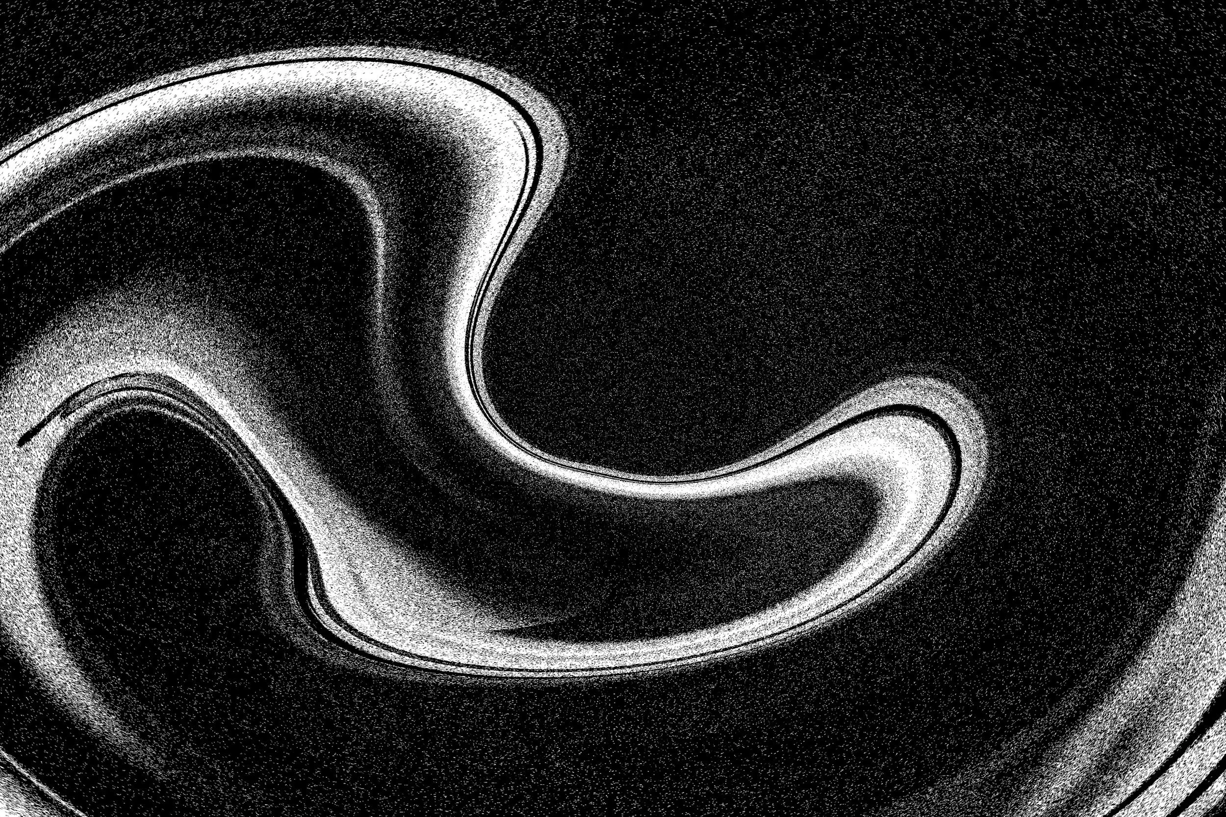 Abstract black and white swirling pattern with smooth curves.