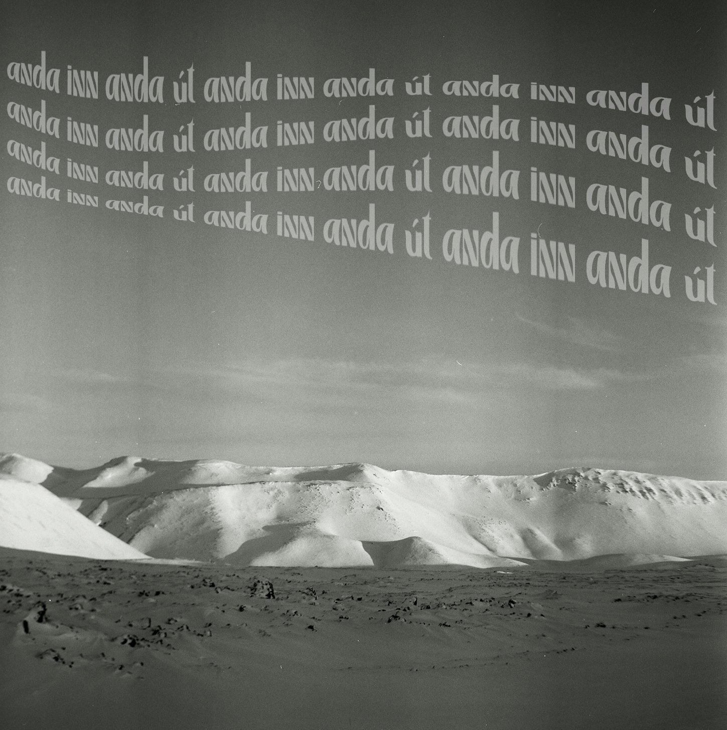 Black and white photo of snow-covered mountains with a cloudy sky, featuring repeated text overlay in a stylized font.