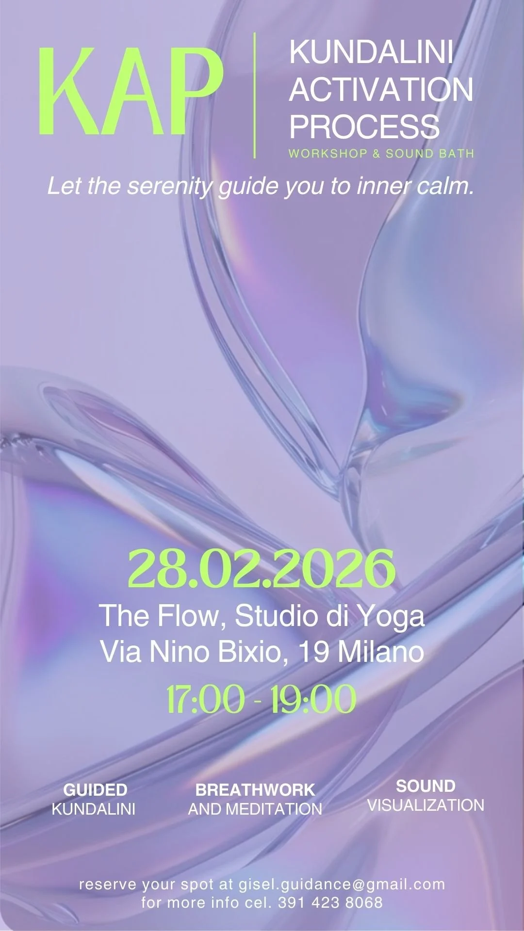 A poster advertising a Kundalini Activation Process workshop with sound bath, scheduled for February 28, 2026, at The Flow, Studio di Yoga in Milan, from 5:00 PM to 7:00 PM. The background is lavender with abstract, flowing shapes, and the text is in lime green and white.