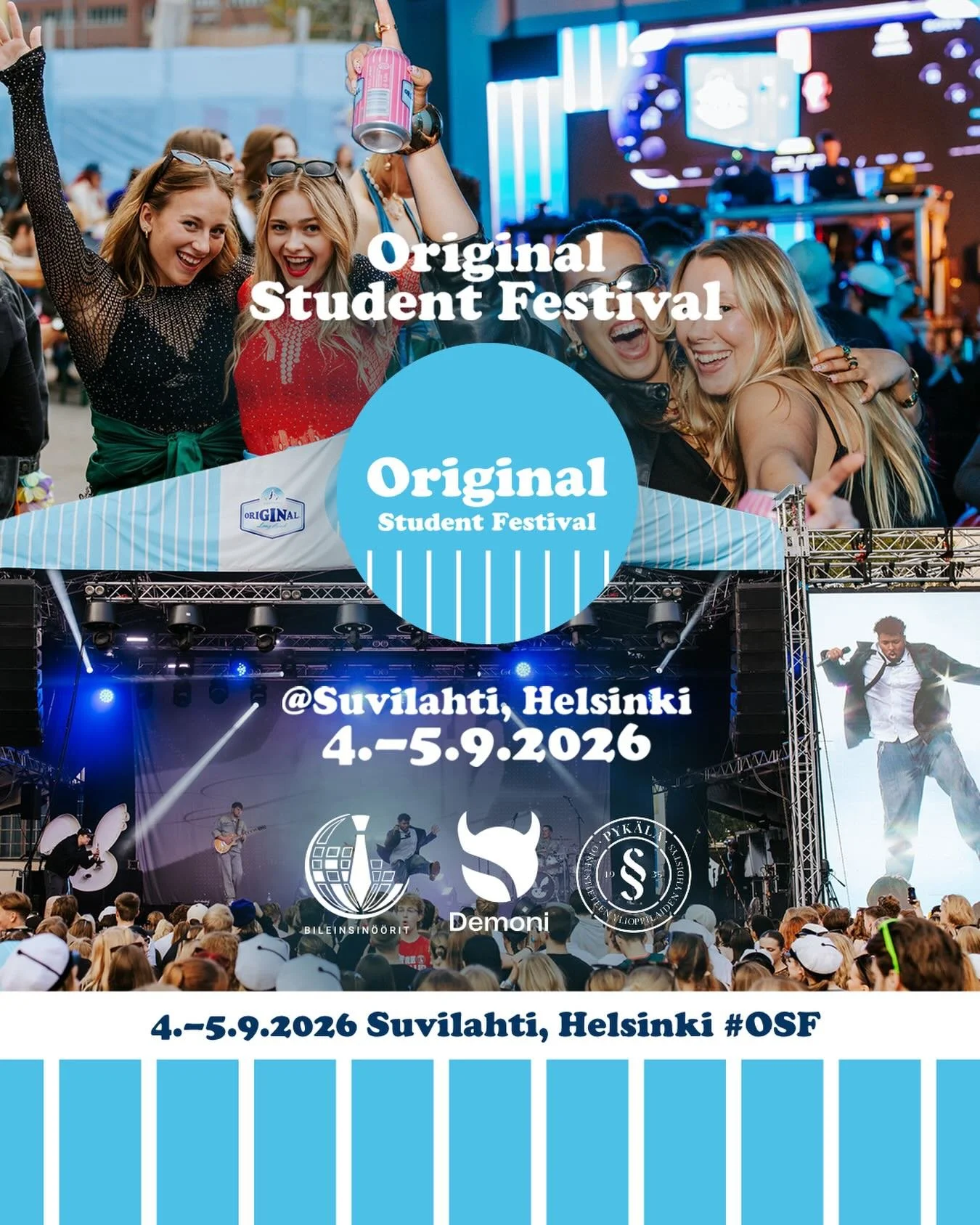 Kylm&auml;st&auml; ja harmaasta nautitaan taas, kun Original Student Festival avaa syksyn juhlakauden! 🩵

Pyk&auml;l&auml;, Demoni ja Bileinsin&ouml;&ouml;rit tuovat j&auml;lleen Suomen suurimmat opiskelijafestarit Helsingin Suvilahteen 4.&ndash;5.9