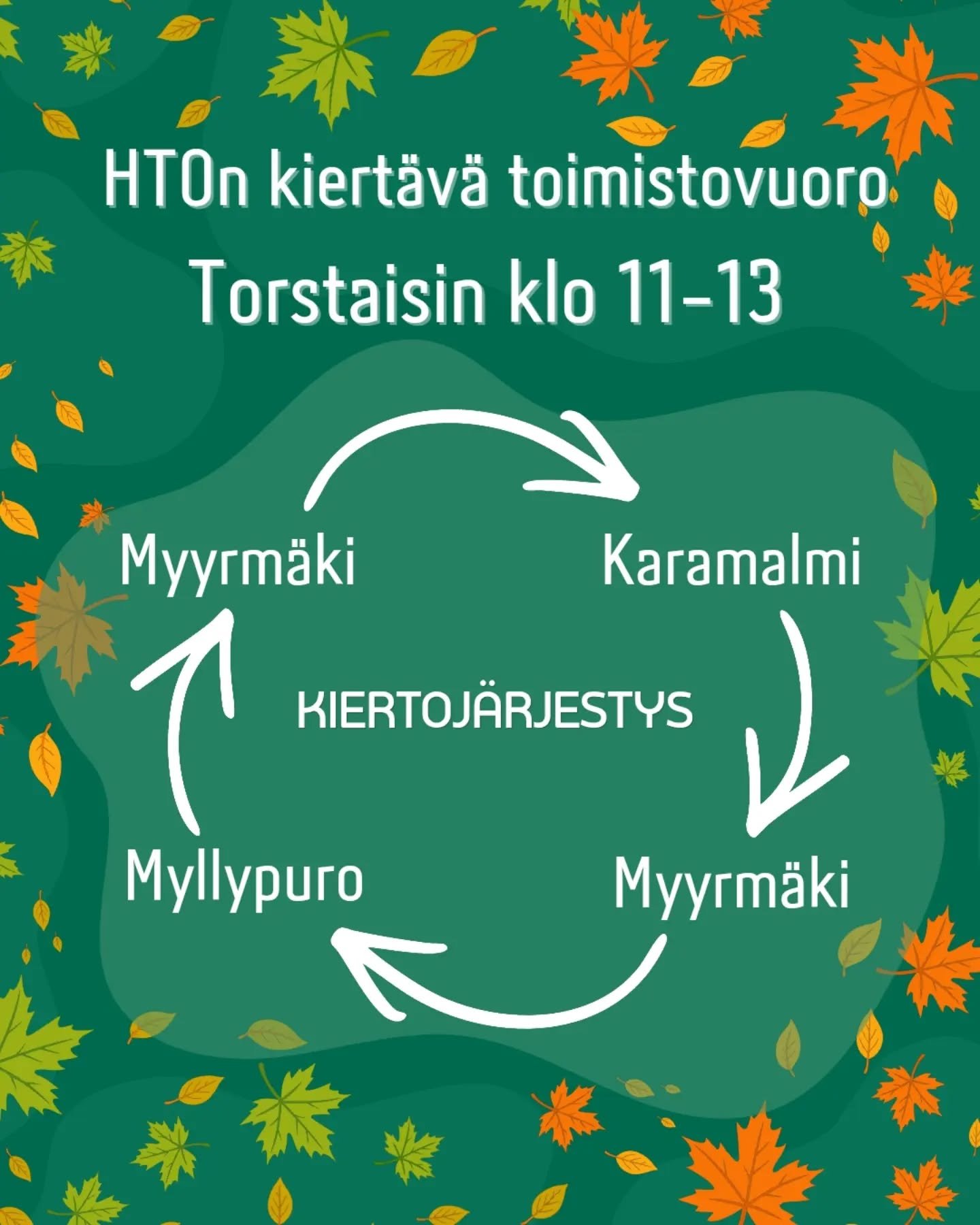 HTO ry on tavoitettavissa &ldquo;toimistolla&rdquo; syyslukukaudella kiert&auml;viss&auml; vuoroissa! 🍂💚 Toimistovuorot menev&auml;t seuraavanlaisesti:

27.8. Myyrm&auml;ki (MMA128)
3.9. Karamalmi (KMC591)
10.9. Myyrm&auml;ki (MMA128)
17.9. Myllypu