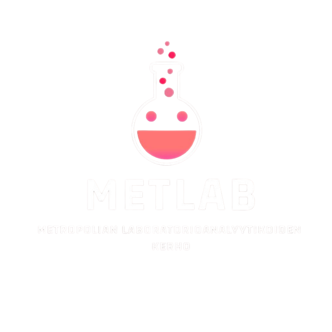 Logogrammi, jossa laboratoriopullo ja teksti 'METLAB', alla 'Metropolian Laboratorioanalyytikoiden Kerho'.