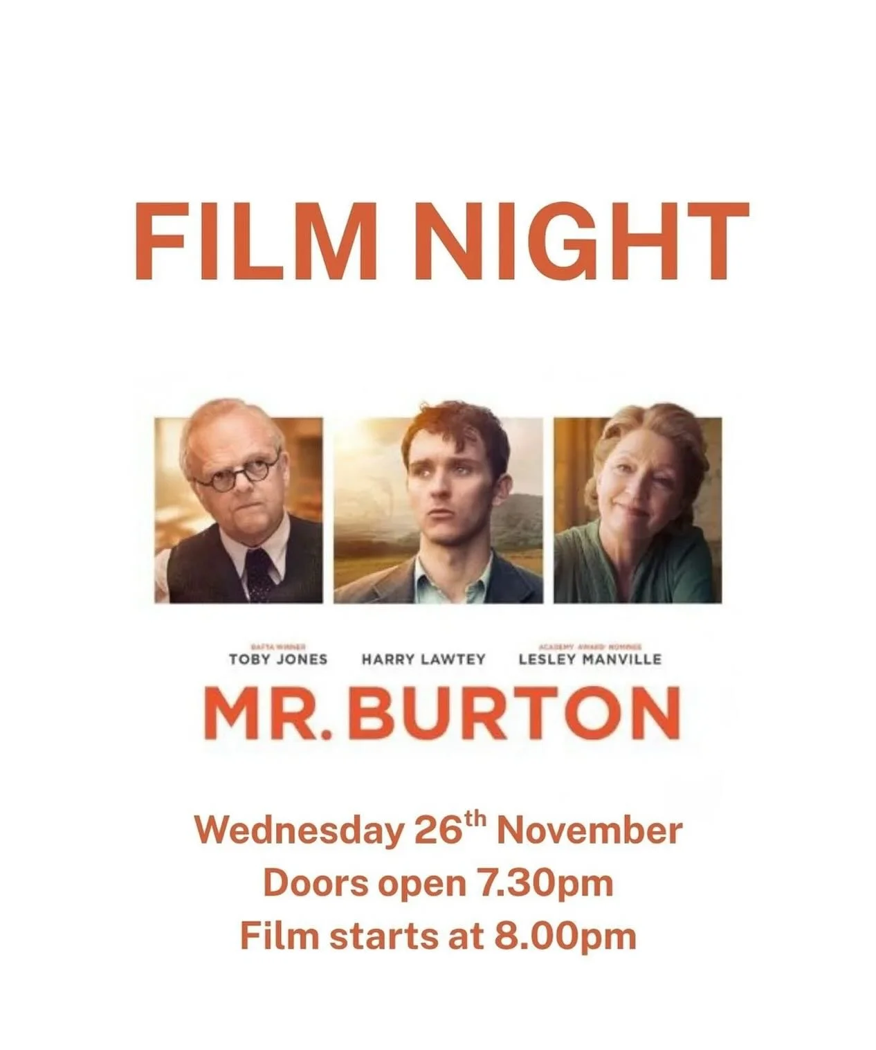 Film Night 🎥 returns on Wednesday 26th November with Mr Burton. Tickets are on sale on the Wren Hall website at the bargain price of £6. Get in early to secure your seats - website link in bio above. See you there!
