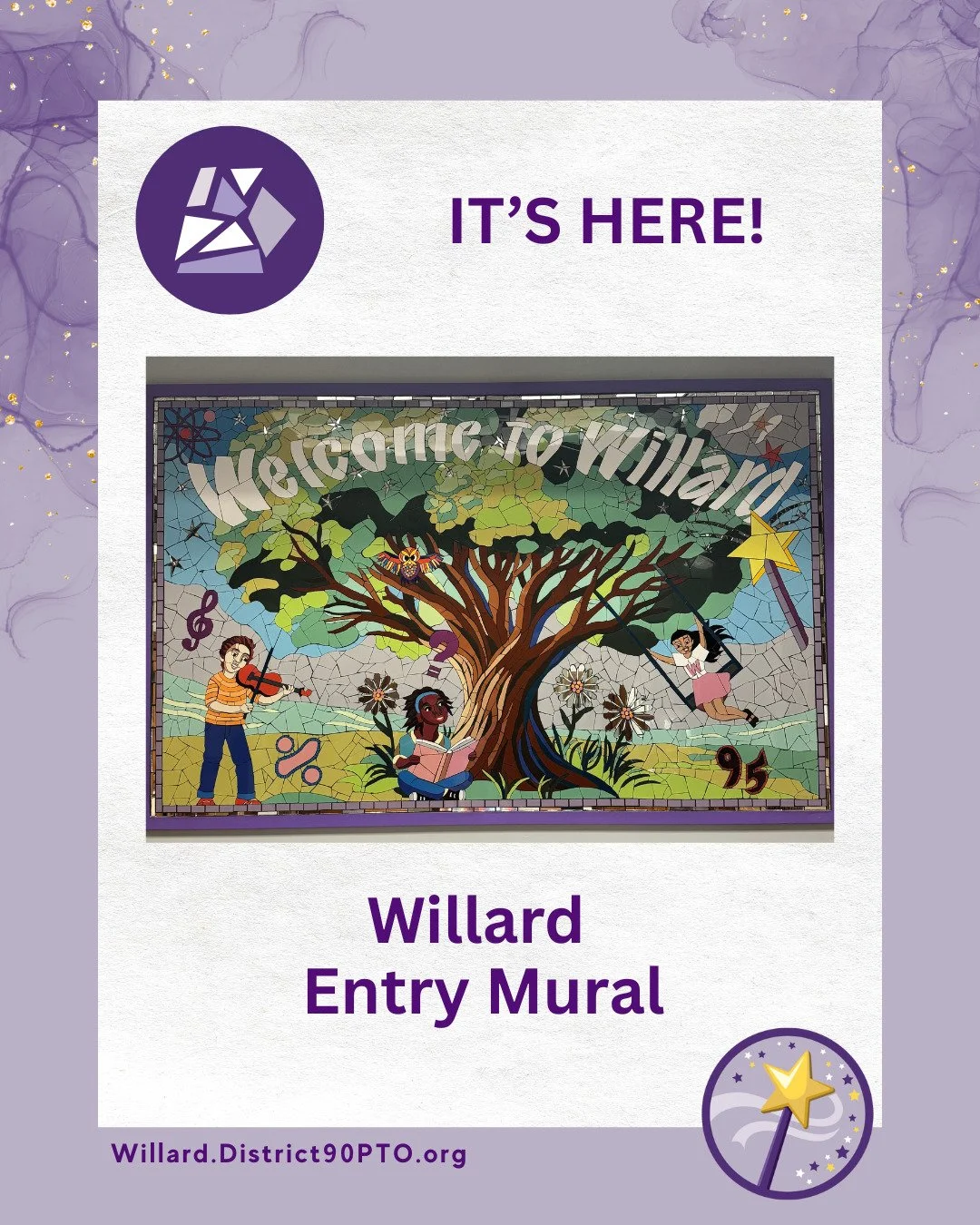 Welcome back, Wizards! Students entering through Door #1 this morning were greeted by our brand new beautiful mosaic in the foyer. Created by local artist @carolynelaine1, it makes Willard even more welcoming!
Huge thanks and congrats to past PTO P