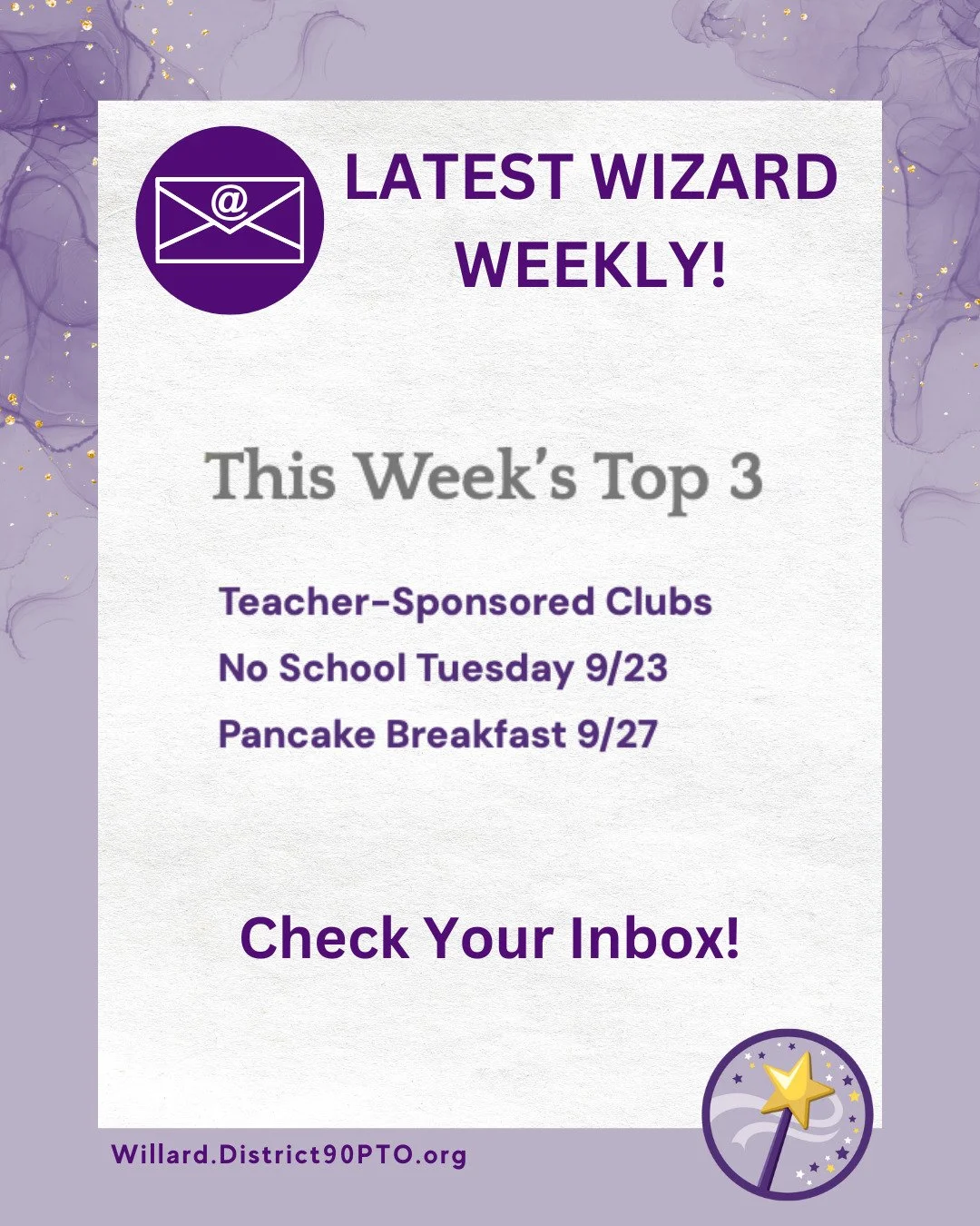 This week's Top 3 from the #WizardWeekly! Check out the clubs your students are selecting, the schedule for Walking Wednesdays, upcoming parent social event invitations, volunteer opportunities for the pancake breakfast, new spirit wear options and o