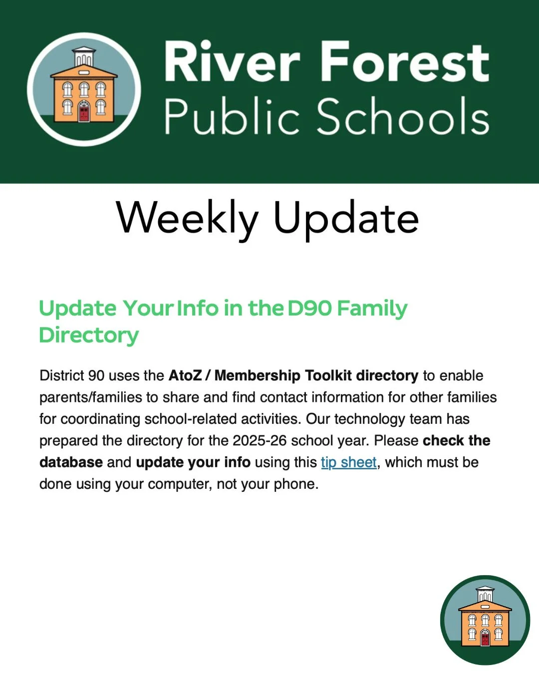 REMINDER: Don't forget to update your contact and class information in the D90 District directory! Don't miss out on after-school hangouts, parties, carpools, room parent emails and more! Use your laptop to access the directory. Link in bio and avail