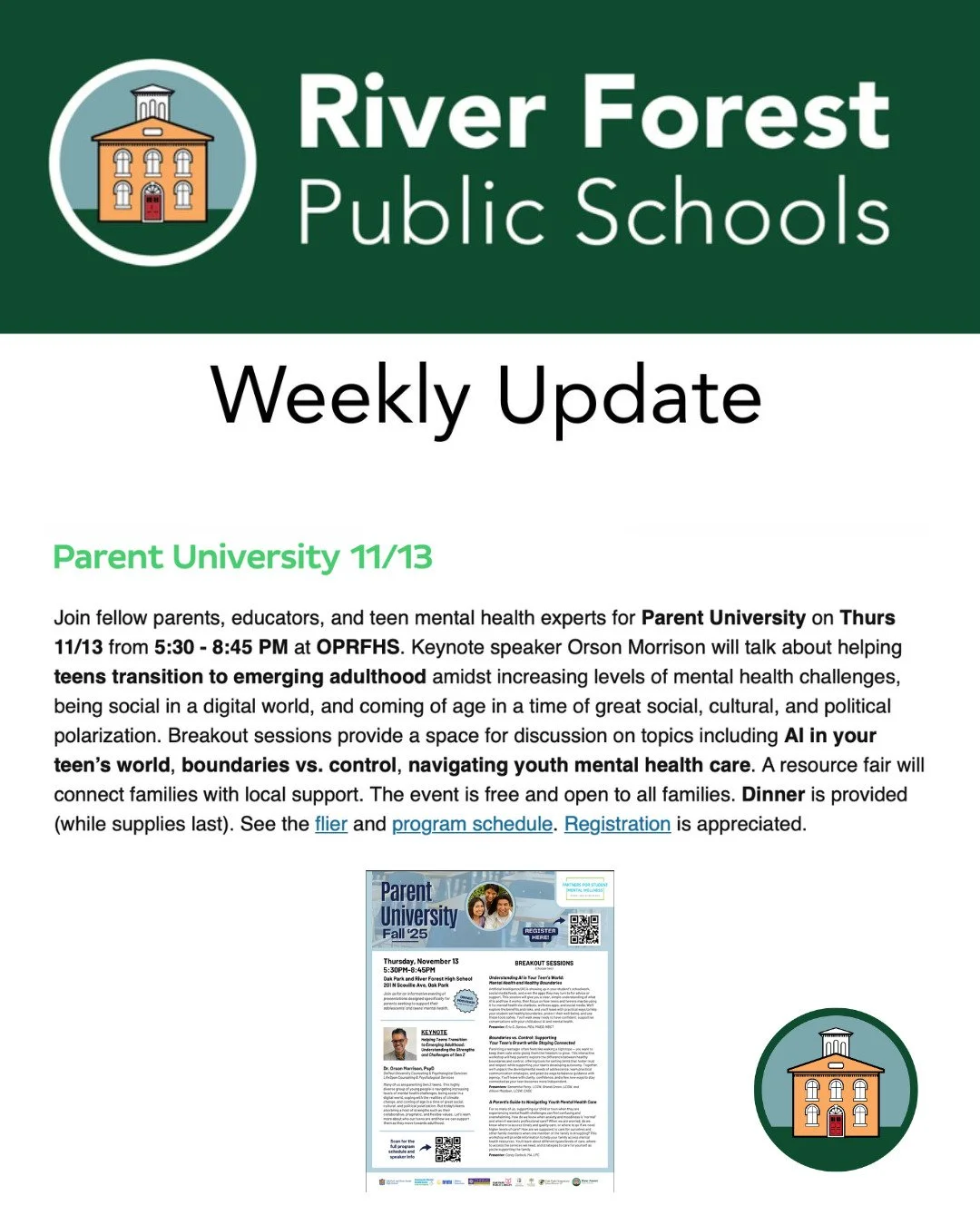 Join us on 11/13 from 5:30-8:45 pm at OPRFHS for an informative evening of presentations designed specifically for parents seeking to support their adolescents&rsquo; and teens&rsquo; mental health. 

Hosted in collaboration with @oprfhs_huskies, @oa