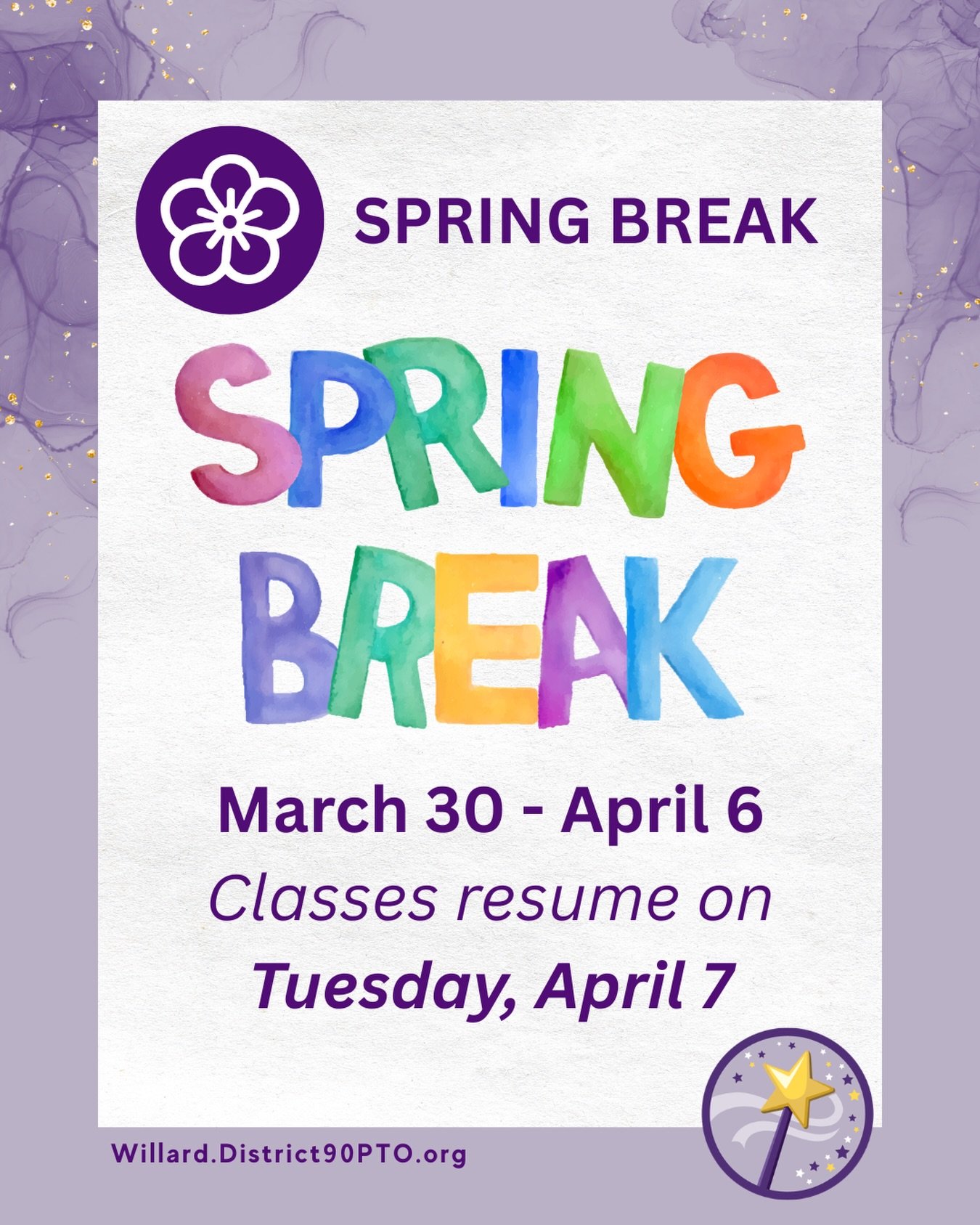 REMINDER: Spring Break for D90 is next week! School will be out March 30-April 6, resuming on Tuesday, April 7!