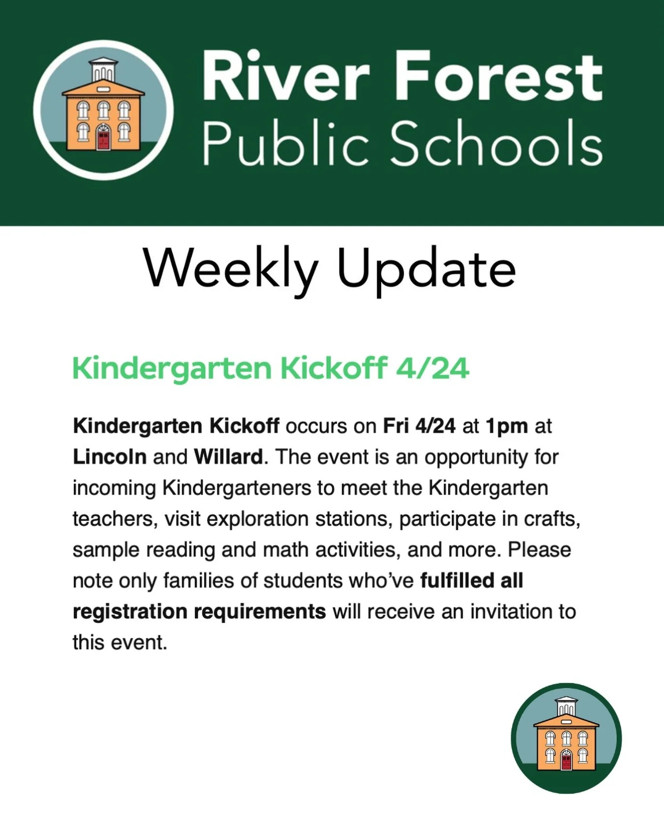 Don&rsquo;t forget this Friday is the Kindergarten Kickoff for students who are registered for Kindergarten for the 26/27 school year!